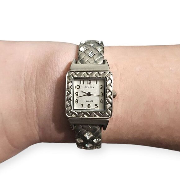 Geneva Silver-tone Basket Weeve & Crystal Open Cuff Watch - Picture 4 of 13